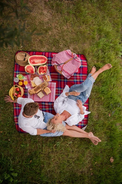 Par Kärlek Åtnjuter Picknick Tid Medan Sitter Pläd — Stockfoto