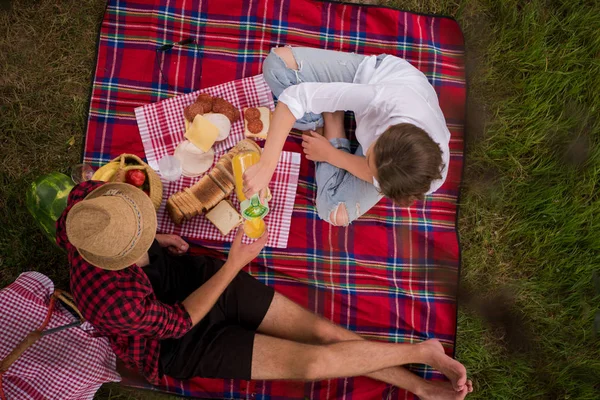 Pár Élvezi Piknik Idő Gyönyörű Természet Élelmiszer Szerelmes — Stock Fotó