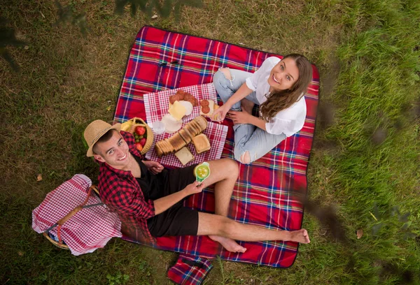 ピクニック時間と美しい自然の食品を楽しんで愛のカップル — ストック写真