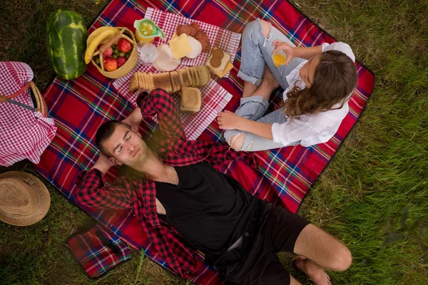 Pár Élvezi Piknik Idő Gyönyörű Természet Élelmiszer Szerelmes — Stock Fotó