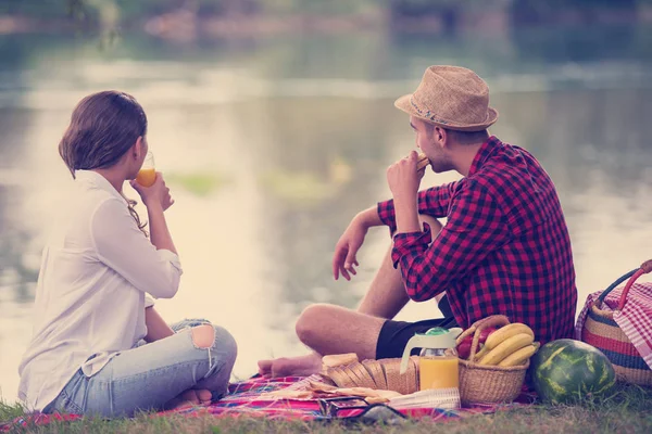 Couple Love Enjoying Picnic Time Food Beautiful Nature River Bank — Stock Photo, Image