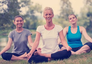 Grup Genç sağlıklı kadını Nehri kıyısında güzel doğada meditasyon ve yoga yaparken egzersiz yaparken rahatlatıcı