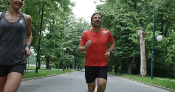 Läufergruppe Von Hinten Beim Gemeinsamen Joggen Stadtpark — Stockvideo