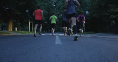 Bir grup koşucu şehir parkında birlikte koşarken arkadan görülmüş.