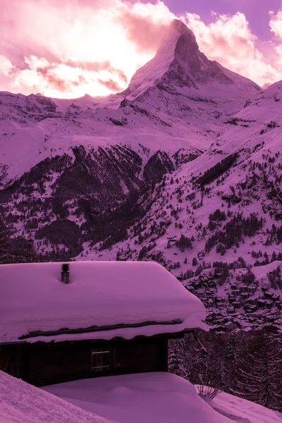 Montagna Matterhorn Zermatt Coperto Neve Fresca Nella Bella Giornata Invernale — Foto Stock
