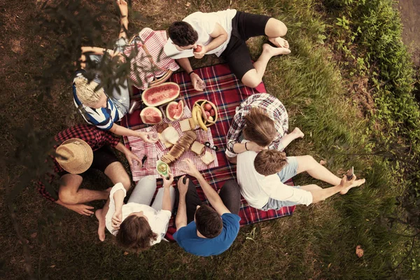 Vista Superior Grupo Jóvenes Amigos Disfrutando Hora Del Picnic Bebidas — Foto de Stock