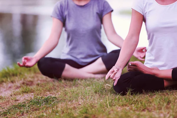 Gruppo Giovani Donne Sane Che Rilassano Meditando Facendo Esercizio Yoga — Foto Stock