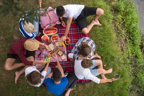 ピクニック時間飲食日光の美しい自然を楽しんでいる若い友人のグループのトップ ビュー — ストック写真