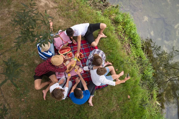 Ovanifrån Grupp Unga Vänner Njuter Picknick Tid Drinkar Och Mat — Stockfoto