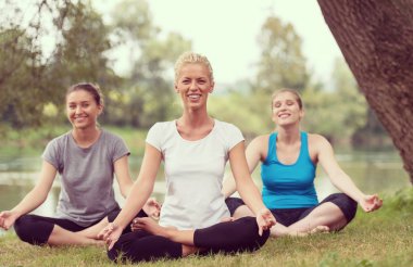 Grup Genç sağlıklı kadını Nehri kıyısında güzel doğada meditasyon ve yoga yaparken egzersiz yaparken rahatlatıcı