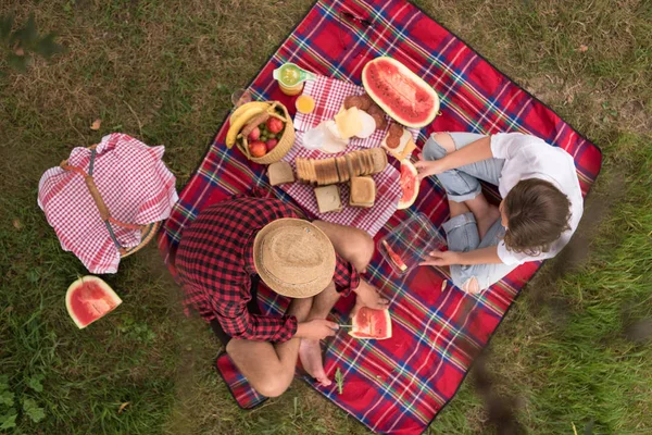 Casal Apaixonado Desfrutando Piquenique Comida Bela Natureza — Fotografia de Stock