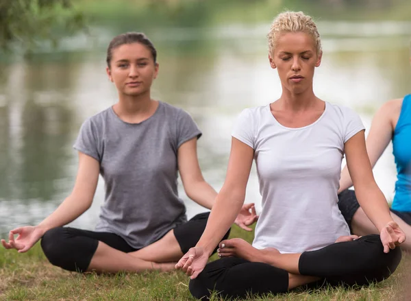 リラックスした瞑想とヨガを行使する川の銀行の美しい自然の中 若い健康な女性のグループ — ストック写真