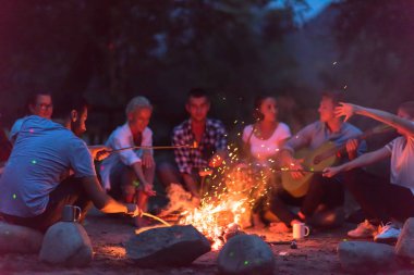 Bir grup mutlu genç arkadaş nehir kıyısında kamp ateşi etrafında dinleniyor ve eğleniyorlar.
