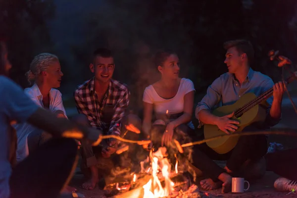 川沿いのキャンプファイヤーの周りで夏の夜をリラックスして楽しむ幸せな若い友人のグループ — ストック写真