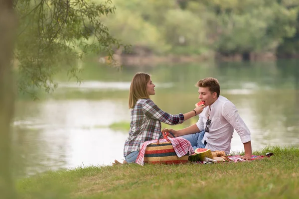 Verliebte Paare Genießen Picknick Drink Und Essen Schöner Natur Flussufer — Stockfoto