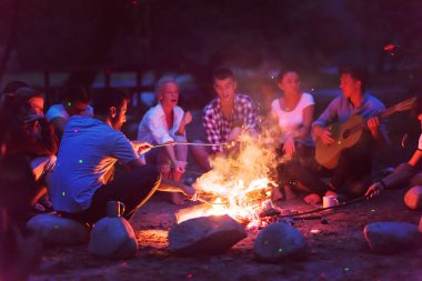 Bir grup mutlu genç arkadaş nehir kıyısında kamp ateşi etrafında dinleniyor ve eğleniyorlar.