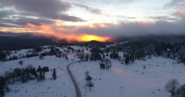 Vista Aérea Neve Fresca Coberto Floresta Inverno Altas Montanhas Pôr — Vídeo de Stock