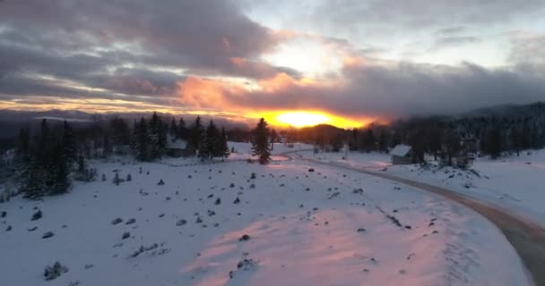 Vista Aérea Neve Fresca Coberto Floresta Inverno Altas Montanhas Pôr — Vídeo de Stock