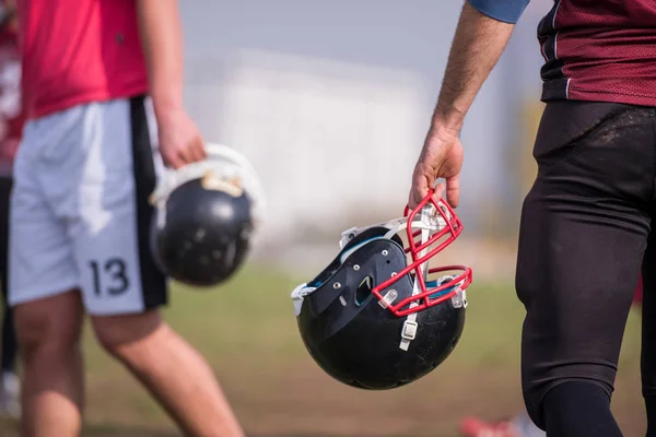 Closeup Shot American Football Player Holding Black Helmet Field — Stock Photo, Image