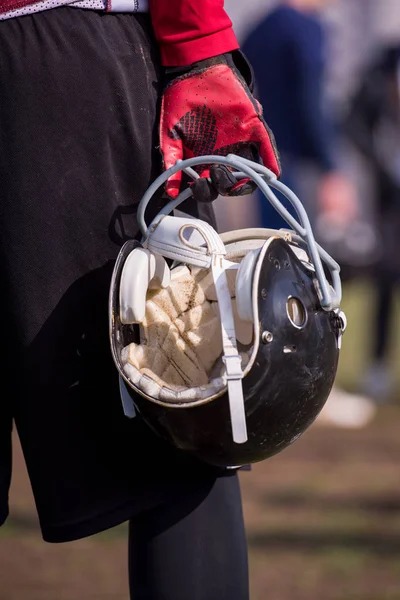 Closeup Shot American Football Player Holding Black Helmet Field — Stock Photo, Image