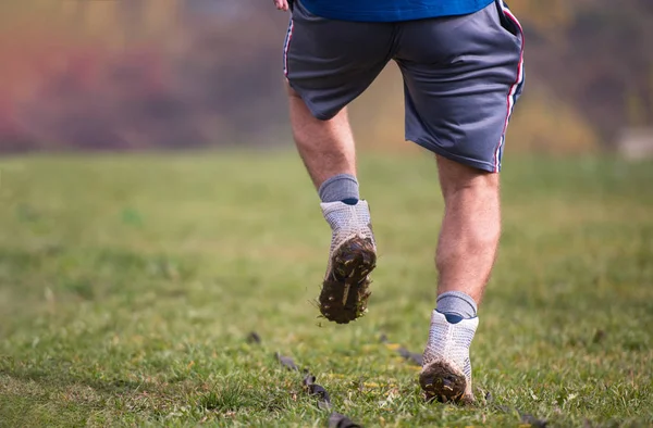 Closeup Young American Football Player Exercises Ladder Drills Field — Stock Photo, Image