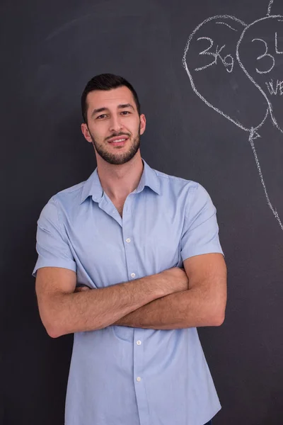 Portrait Happy Young Stylish Man Front Black Chalkboard — Stock Photo, Image