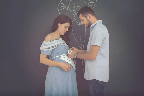 Conceptual Photo Pregnant Couple Drawing Imaginations Future Life Children Chalk — Stock Photo, Image