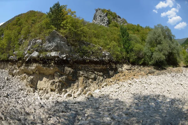 Divoká Řeka Sušené Koryta Letní Den Klimatické Změny Signálů — Stock fotografie