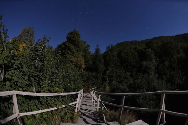 在黑暗的夜晚 森林里的木制老桥 在树梢和狂野的河流上 有星星 天空中有乳白色的路 — 图库照片