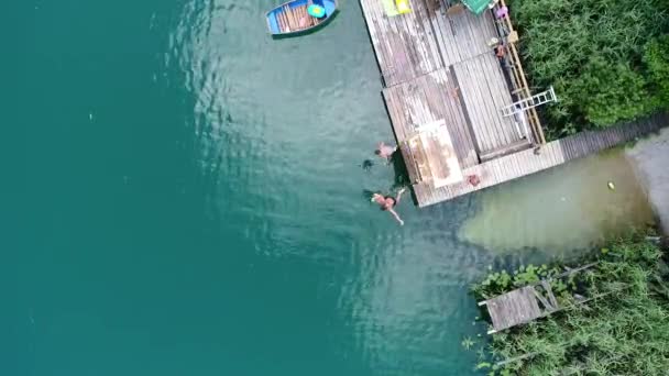 夏休みに美しい湖で楽しんで手こぎボートの家族や自分の子供と友人の空中写真 — ストック動画