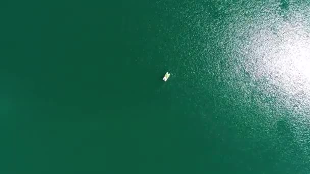 夏休みに美しい湖で楽しんで手こぎボートの家族や自分の子供と友人の空中写真 — ストック動画