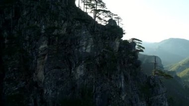 Ağaçlar ve güneş ışınları ile inanılmaz dağ manzaralı