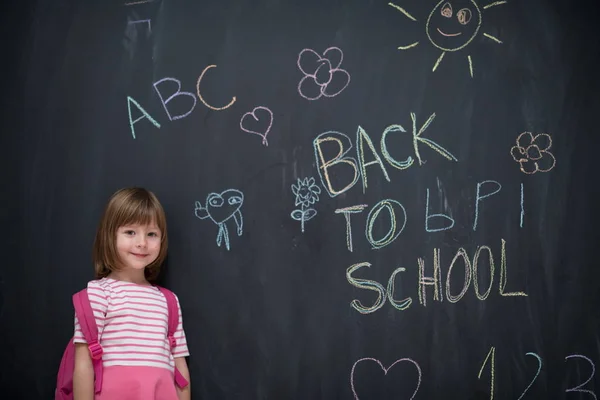 Happy School Girl Child Backpack Writing Back School Black Chalkboard — Stock Photo, Image
