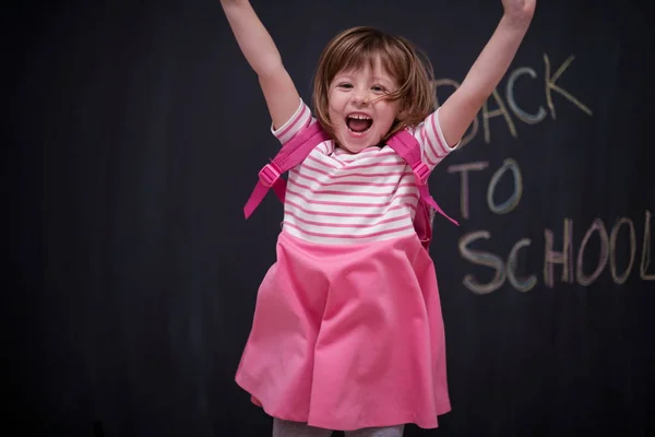 Happy School Girl Child Backpack Writing Back School Black Chalkboard — Stock Photo, Image