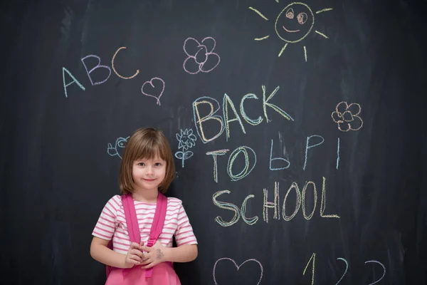 Happy School Girl Child Backpack Writing Back School Black Chalkboard — Stock Photo, Image