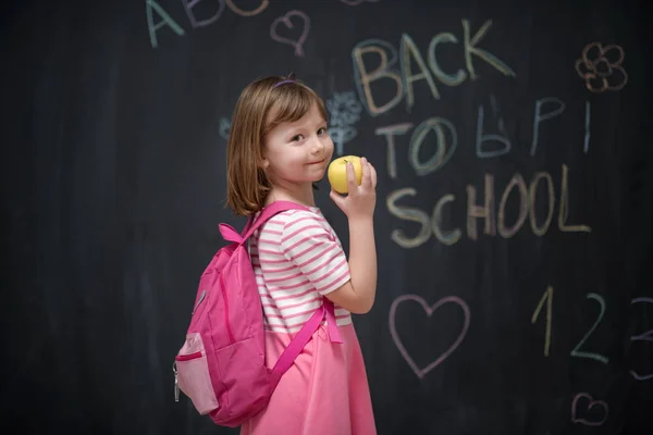 Happy Child Apple Back School Drawing Background Black Chalkboard — Stock Photo, Image