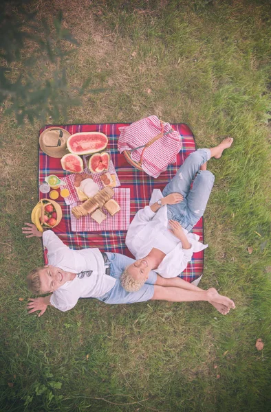 Verliebte Paare Genießen Picknick Drink Und Essen Wunderschöner Natur Flussufer — Stockfoto