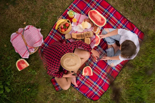 ピクニック時間飲み物と川の銀行トップ ビューで美しい自然の食べ物を楽しんで愛のカップル — ストック写真