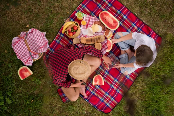 Pár Lásce Piknik Čas Pití Jídlo Krásné Přírodě Pohled Shora — Stock fotografie