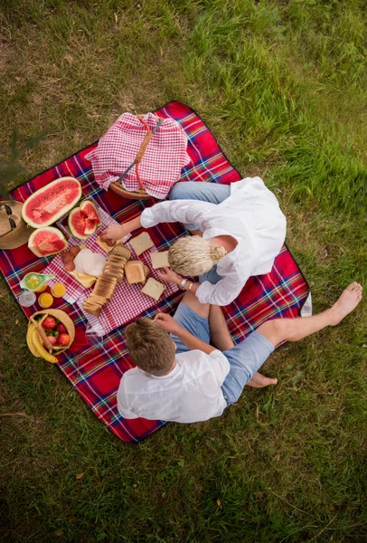 Pár Élvezi Piknik Idő Ital Élelmiszer Gyönyörű Természeti Környezetben River — Stock Fotó