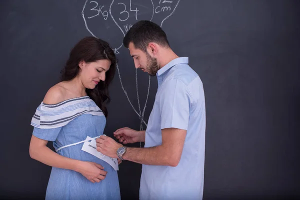 Conceptual Photo Pregnant Couple Drawing Imaginations Future Life Children Chalk — Stock Photo, Image