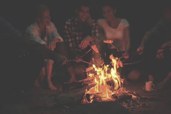 Группа Счастливых Молодых Друзей Отдыхающих Наслаждающихся Летним Вечером Костра Берегу — стоковое фото