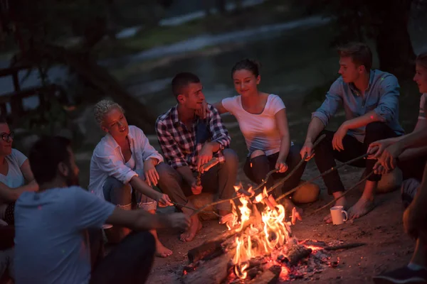 Grupo Jóvenes Amigos Felices Relajarse Disfrutar Noche Verano Alrededor Fogata —  Fotos de Stock