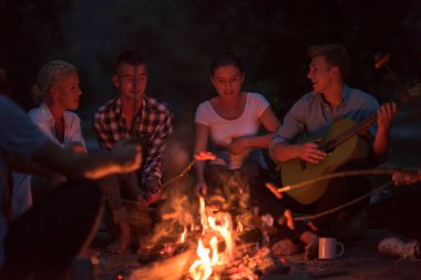 Bir grup mutlu genç arkadaş nehir kıyısında kamp ateşi etrafında dinleniyor ve eğleniyorlar.