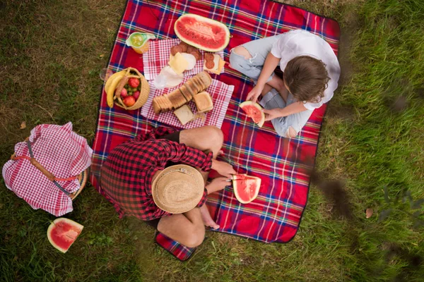 Pareja Amor Disfrutando Picnic Bebida Comida Hermosa Naturaleza Orilla Del —  Fotos de Stock