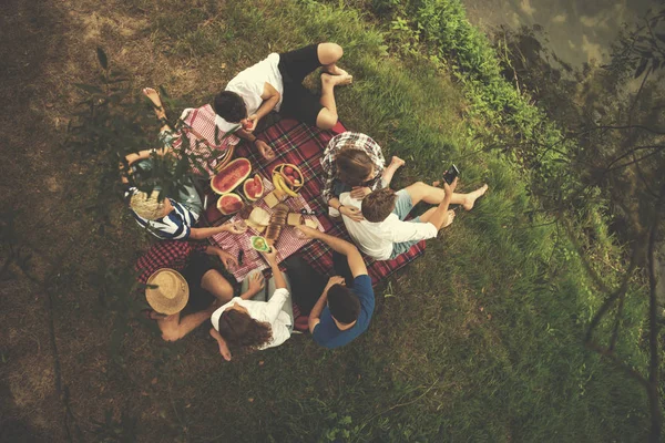 Fiatal Baráti Piknik Idő Ital Élelmiszer Gyönyörű Természeti Környezetben River — Stock Fotó