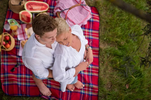 Pareja Amor Disfrutando Picnic Bebida Comida Hermosa Naturaleza Orilla Del —  Fotos de Stock