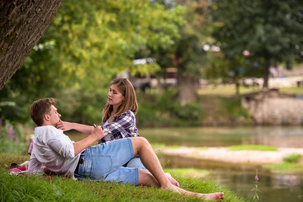 Couple Love Enjoying Picnic Time Drink Food Beautiful Nature River — Stock Photo, Image