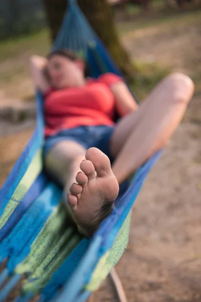 Young Woman Resting Hammock While Enjoying Nature River Bank — Stock Photo, Image