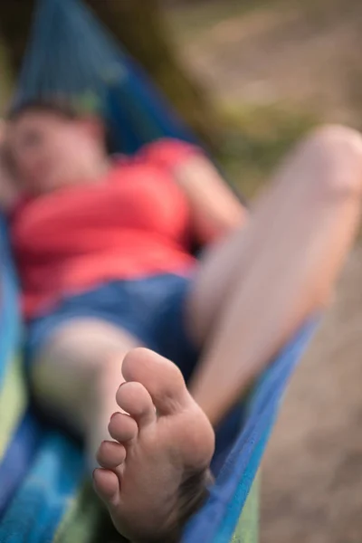 Young Woman Resting Hammock While Enjoying Nature River Bank — Stock Photo, Image